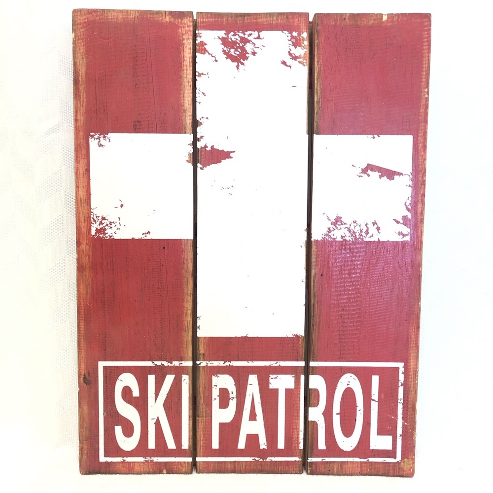 Ski Patrol Wooden Sign Handpaint Red White Cross Chalet Cottage Cabin Decor New
